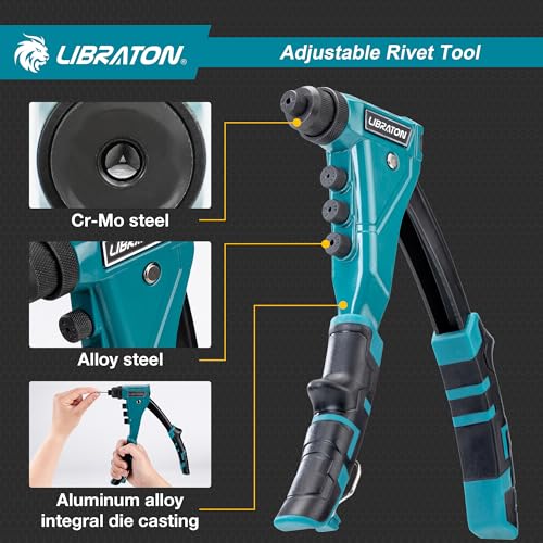 LIBRATON Heavy Duty Rivet Pliers, Pop Rivet Pliers, Professional Manual Riveter Riveting Tool with 160 Rivets, Includes 4 Tips, 4 Interchangeable Nozzles Without Tools, for Repair
