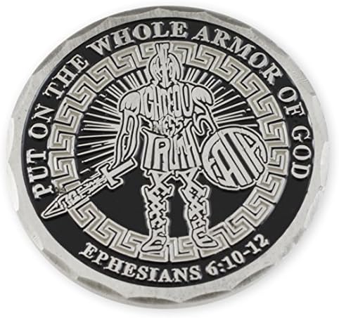 Put on The Whole Armor of God - Ephesians 6:10-12 - Righteousness, Truth & Faith - Black Enamel Challenge Coin (Silver, Copper, Gold Tone Available) (Silver Tone)