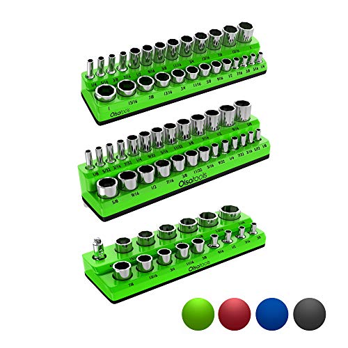 Olsa Tools Magnetic Socket Organizer | 3 Piece Socket Holder Kit | 1/2-inch, 3/8-inch, 1/4-inch Drive | SAE Green | Holds 68 Sockets | Premium Quality Tools Organizer
