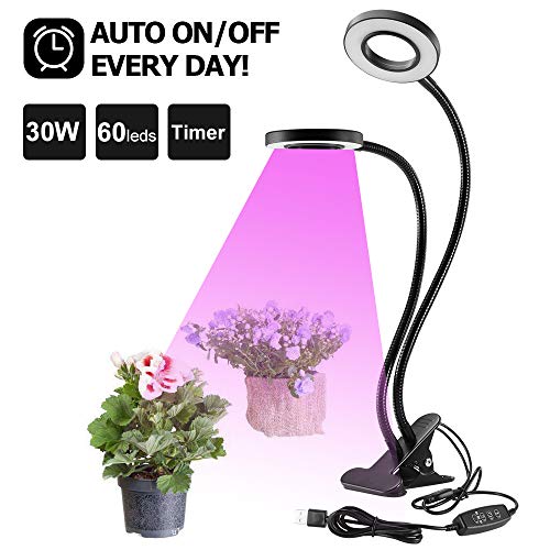 Led Grow Lights XRZT 30W Plant Light Auto ON&Off Timing, Upgraded 5-Level Dimmable Grow Lamp, 60 LED Grow Light Bulb Full Spectrum, Plant Lamp with Adjustable Goose-Neck for Seedling Growing Blooming