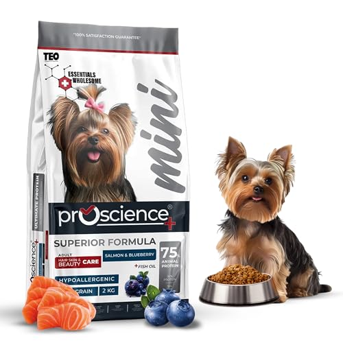 Teo Premium Proscience Mini Adult Dog Food 2KG Salmon & Blueberry, Hair, Skin & Coat Care, 75% Animal Protein, Hypoallergenic, Omega-Rich Formula 32% Protein 15% Fat