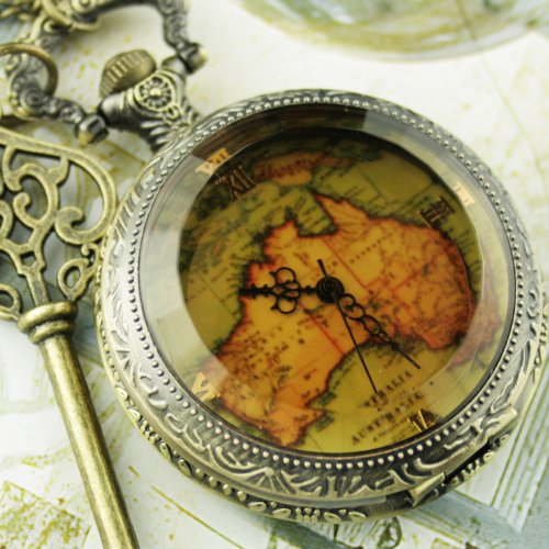 Steampunk Pocket Watch Necklace Gothic Victorian Pendant Charm Watch Face with Gemstone Map Key Binocle SET