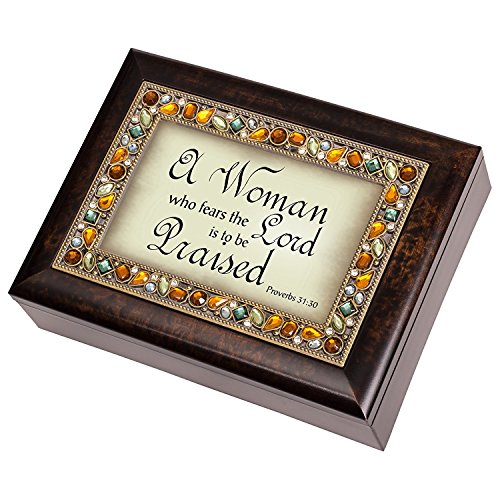 Cottage Garden A Woman Who Fears the Lord is to be Praised Proverbs 31:30 Italian Style Burlwood Finish Decorative Jewel Lid Musical Music Jewelry Box Plays Amazing Grace