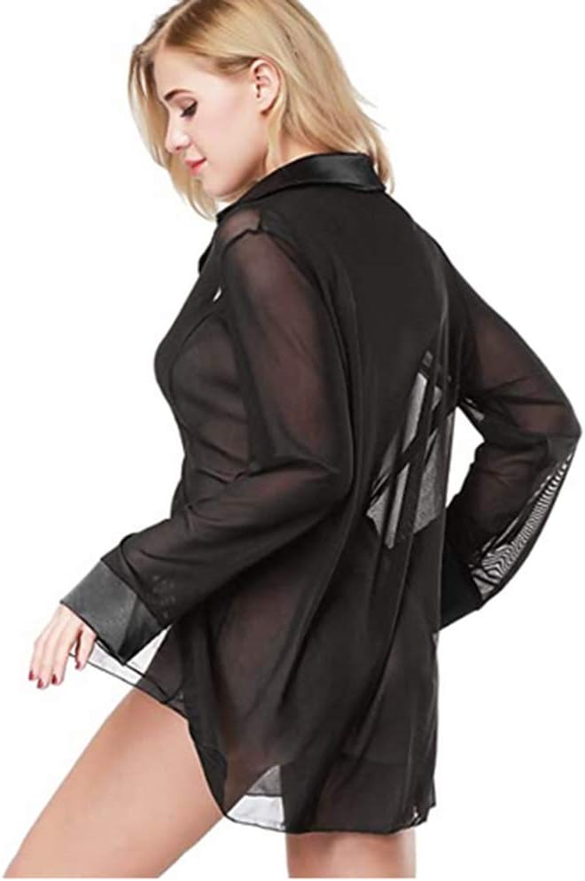 HOTSO Sexy See Through Lingerie for Women Naughty Sheer Long Sleeve Loose Nightgown Tee Shirts Lace Mesh Sleepwear Pajamas Botton Tie Open Chemsie Nightie Negligees Bedroom Black - Image 5