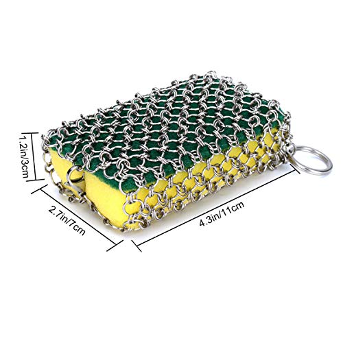 NKTM Stainless Steel Cast Iron Cleaner Chainmail Scrubber with 3pcs Sponges for Cast Iron Pan Skillet Dutch Ovens Waffle Iron Pans Scraper Cast Iron Grill Scraper