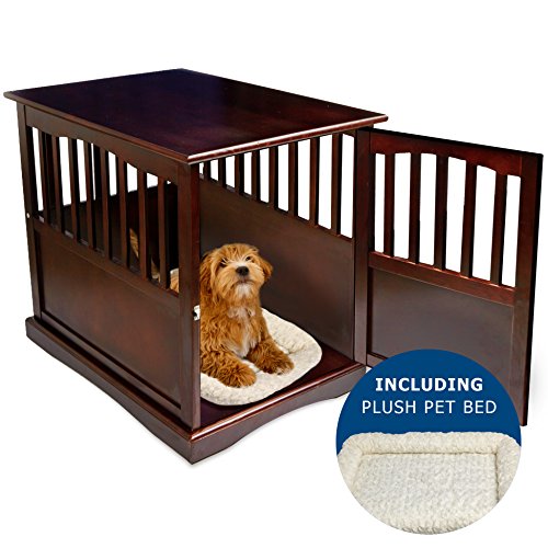 image for Pet Crate Kennel and End Table with Lockable Door and White Velvet Mat