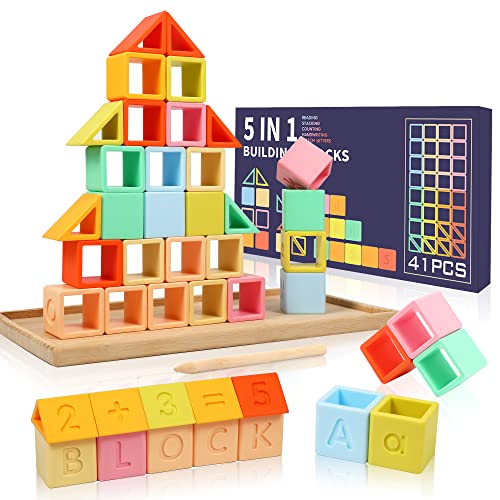 5 in 1 Montessori Silicone Building Blocks Rainbow Stacker Soft Stacking Blocks for Baby