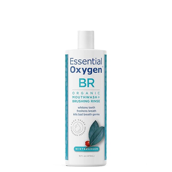 ESSENTIAL OXYGEN CERTIFIED BR ORGANIC BRUSHING RINSE, ALL NATURAL MOUTHWASH FOR WHITER TEETH, FRESHER BREATH, AND HAPPIER GUMS, ALCOHOL-FREE ORAL CARE, WINTERGREEN, 16 OUNCE