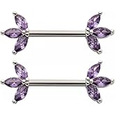 Pierced Owl 14GA 316L Stainless Steel Triple CZ Crystal Marquise Ends Nipple Barbells, Sold as a Pair