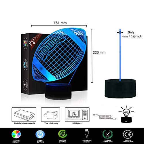 image for Rugby Football 3D Lamp Optical Illusion Night Light, Gawell 7 Color Ch