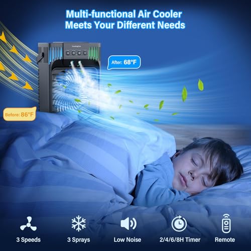 Portable Air Conditioners, 4-in-1 Evaporative Air Cooler with Remote Control, Cooling Fan with 3 Modes, 3 Speeds & 7 LED Lights, 2-8H Timer, 1200ML Personal Mini AC Unit for Home, Bedroom and Office