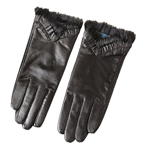 Insun Women's Fur Trim Thick Warm Winter Sheepskin Leather Gloves L Black