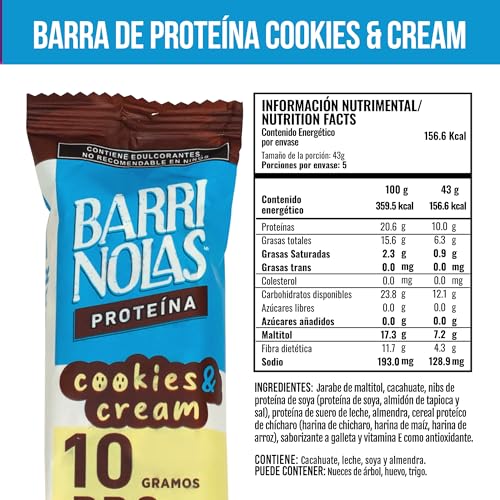 BARRINOLAS PROTEÍNA PACK 15 Pz: Sabor Cookies and Cream- 10g de Proteína por Barra - Sin Azúcar Añadida - Snack Saludable y Delicioso