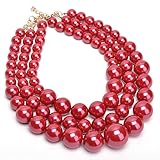 Fashion Strand Chain Red Big Resin Simulated Pearl Beads Chunky Choker Statement Bib Necklace