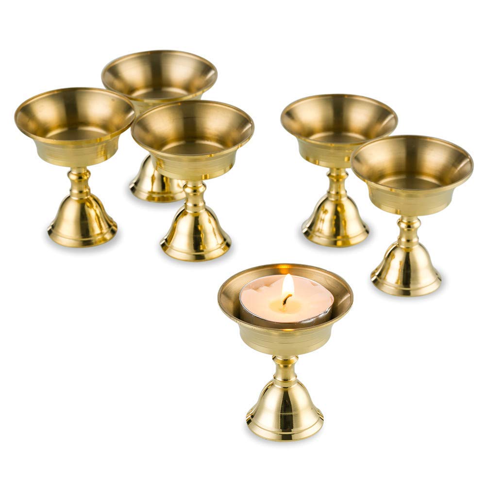 Sziqiqi 6 Pcs Ghee Lamp Butter Holder Brass Tealight Holder Brass Oil Lamp Votive Candle Holders, Golden Cup Candle Holder Tibetan Buddhist Altar Supplies, Gold