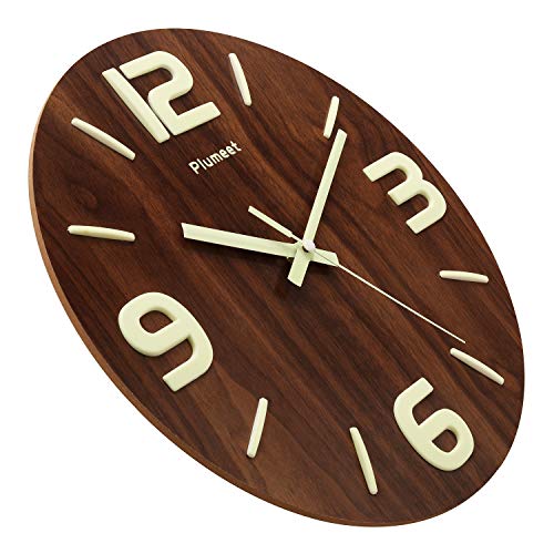 Plumeet Luminous Wall Clocks 12'' NonTicking Silent Wooden Clock
