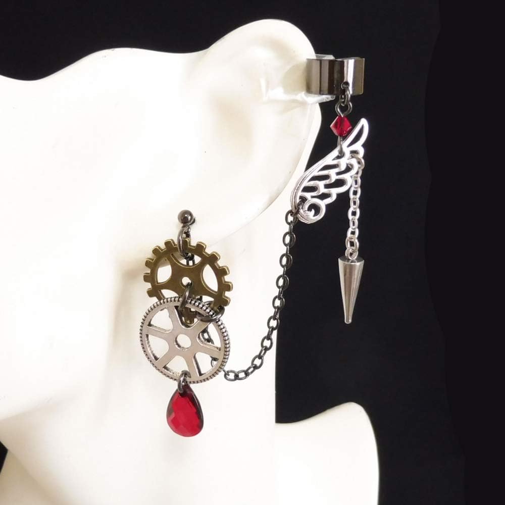 Amazon 歯車 ギア スチームパンク 蒸気機関 機械 ゼンマイ 羽根 フェザー 片耳用 赤レッド 黒ブラック ピアス イヤーカフ イヤークリップ ゴシック ゴスロリ パンク アクセサリー 女性用 男性用 レディース メンズ ハロウィン コスプレ コスプレ 仮装 通販