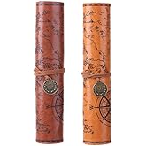 MAGICLULU Retro Treasure Map Roll up Pencil Case Leather Large Capacity Pencil Pouch Organizer for Art Supplies and Makeup Brushes 8.19X8.19 Inches