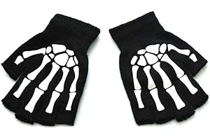 MinnowXY Toddler Kids Halloween Cosplay Skeleton Skull Half Finger Gloves Glow in The Dark Luminous Fingerless Winter Mittens Black+White