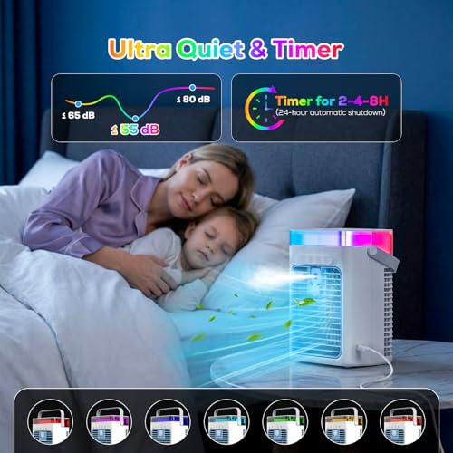 Portable Air Conditioner, 3-in-1 Evaporative Air Cooler with 3 Speeds & 2 Mist Modes, 1000ml Personal Mini AC Unit, USB Small Cooling Fan with RGB Night Light & Timer for Bedroom Office Car (Blue)