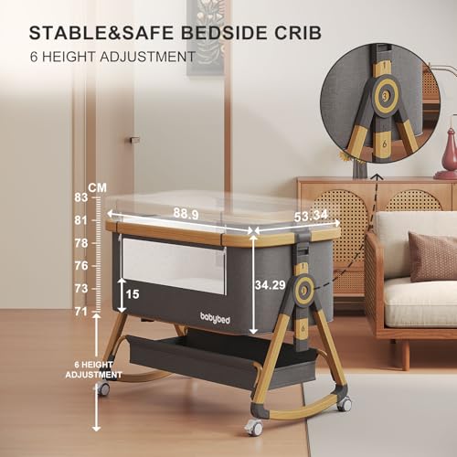 Jimberbay Baby Bassinet, 4 in 1 Bedside Cribs with 4D Air Fiber Mattress & Mosquito Net, Waterproof Mattress Bedside Sleeper Baby Cot with Height Adjustment & Storage Basket, Light Grey