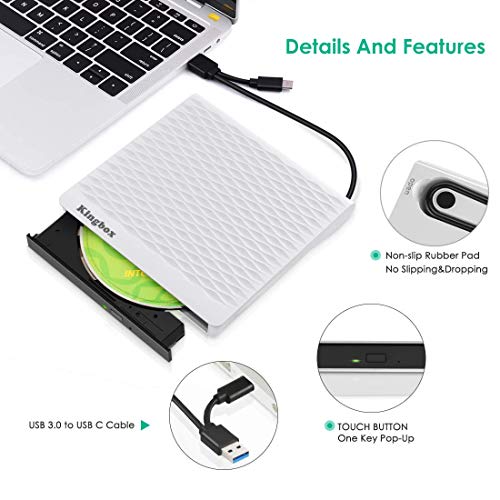 External CD Drive for Laptop, Portable High-Speed USB 3.0 Type-C CD Burner/DVD Reader Writer for PC Desktops, Compatible with Windows/Mac OSX/Linux