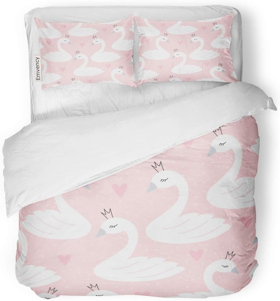 SanChic Duvet Cover Set Pink Cute Swan Princess Pattern Animal Crown Heart Decorative Bedding Set with Pillow Case Twin Size