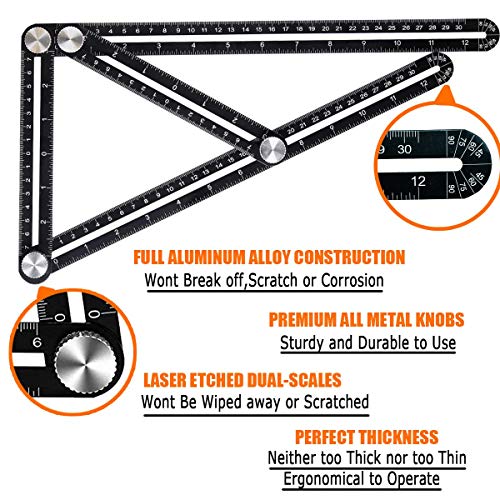 GlowGeek Multi-function Ruler-Universal Angularizer Ruler - Stainless Steel Black Unbreakable Thick Angle Ruler Template Tool, Laser Etched Markings, Carpenter Pencil, Cloth Case and Box ï¼ˆBlackï¼‰