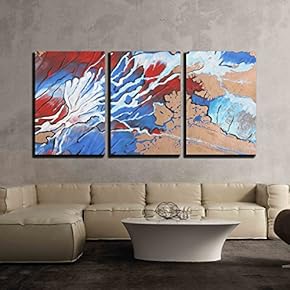 3 Piece Canvas Wall Art - Blue, Red and White Abstract Brush Painting - Modern Home Art Stretched and Framed Ready to Hang - 16"x24"x3 Panels