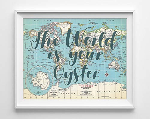 The World is Your Oyster Vintage Retro World Map Reproduction Art Print, Unframed, Wall Art Decor Poster Sign, 8x10