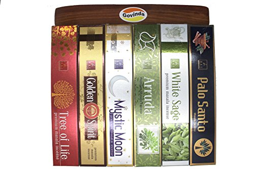 Govinda Set of 6 Tree of Life, Arruda, Golden Spirit, Mystic Moon, Palo Santo, and White Sage Incense Kit Incense Holder