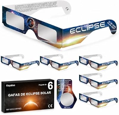 Óculos Solar Eclipse Aprovados, Pacote de 6, ISO EN 12312-2:2015(E) e Certificados CE, Aprovação AAS 2026, Óculos Solar Eclipse para Visão Solar Direta