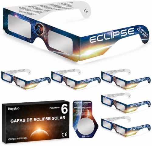 Gafas Eclipse Solar Homologadas,Paquete de 6,Certificado EN ISO 12312-2:2015(E) y CE,Aprobación AAS 2026,Gafas eclipse solar para visión directa del sol