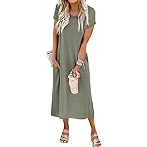 Womens Summer Casual Maxi Dress Short Sleeve Crewneck Split Wrinkle-Free Travel Long Sundress Beach Vacation Clothes