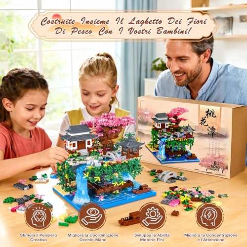 Charmofun 3320pcs Mini Building Bricks, Classic Chinese Garden Building Bricks Set with LED, Peach Blossom Pool Chinese Architecture, Creative STEM Gift for Kids and Adults