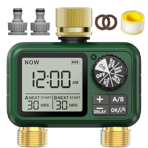2 Way Water Timer with Brass Input and Outlet, Large LCD Display, Automatic Watering for Garden, Programmable Irrigation, Simple Use, Rain Delay Manual Watering