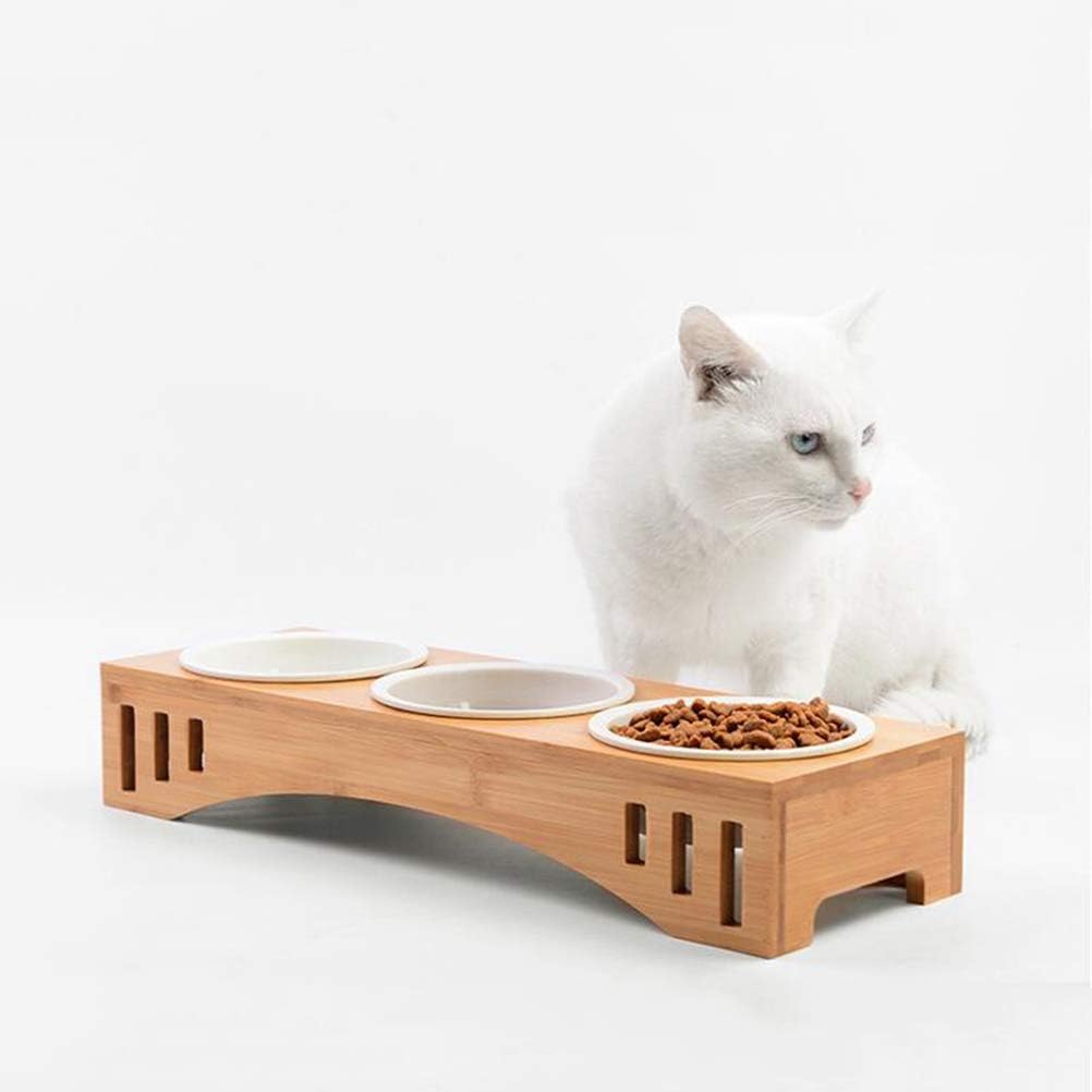 POPETPOP Solid Wood Pet Dining Table Bowl Pet Wooden Tilted Feeders Dog cat Anti-slip Three Bowl Cat Dish with Slope Stand(Heighten,Three Bowls) - Image 5