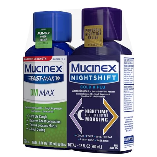 MAXIMUM STRENGTH MUCINEX FASTMAX DM MAX & MUCINEX NIGHTSHIFT COLD & FLU LIQUID (2 X 6 FL. OZ.) THINS & LOOSENS MUCUS, RELIEVES COUGH & CHEST CONGESTION, PAIN, FEVER, SNEEZING, SORE THROAT, RUNNY NOSE