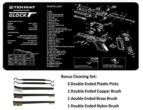 TekMat 11-Inch X 17-Inch Handgun Cleaning Mat with Various Imprint, Black Bonus 5 oc Gun Cleaning Brush & Pick Set (11" X 17", Glock)