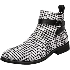 NIUGQXPX Men’s Houndstooth Buckle Strap Ankle Boots, Casual Fashion Chelsea Boot