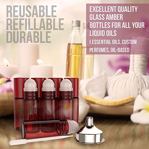 Essential Oil Roller Bottles [Plastic Roller Ball] FREE Plastic Pippette and Funnel - Refillable Glass Color Roll On for Fragrance Essential Oil - 30ml 1 oz (8 PACK, RED)