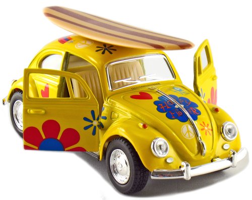 Set of 4: 5" Classic Volkswagen Beetle with Decal and Surfboard 1:32 Scale (Black/Blue/Red/Yellow)