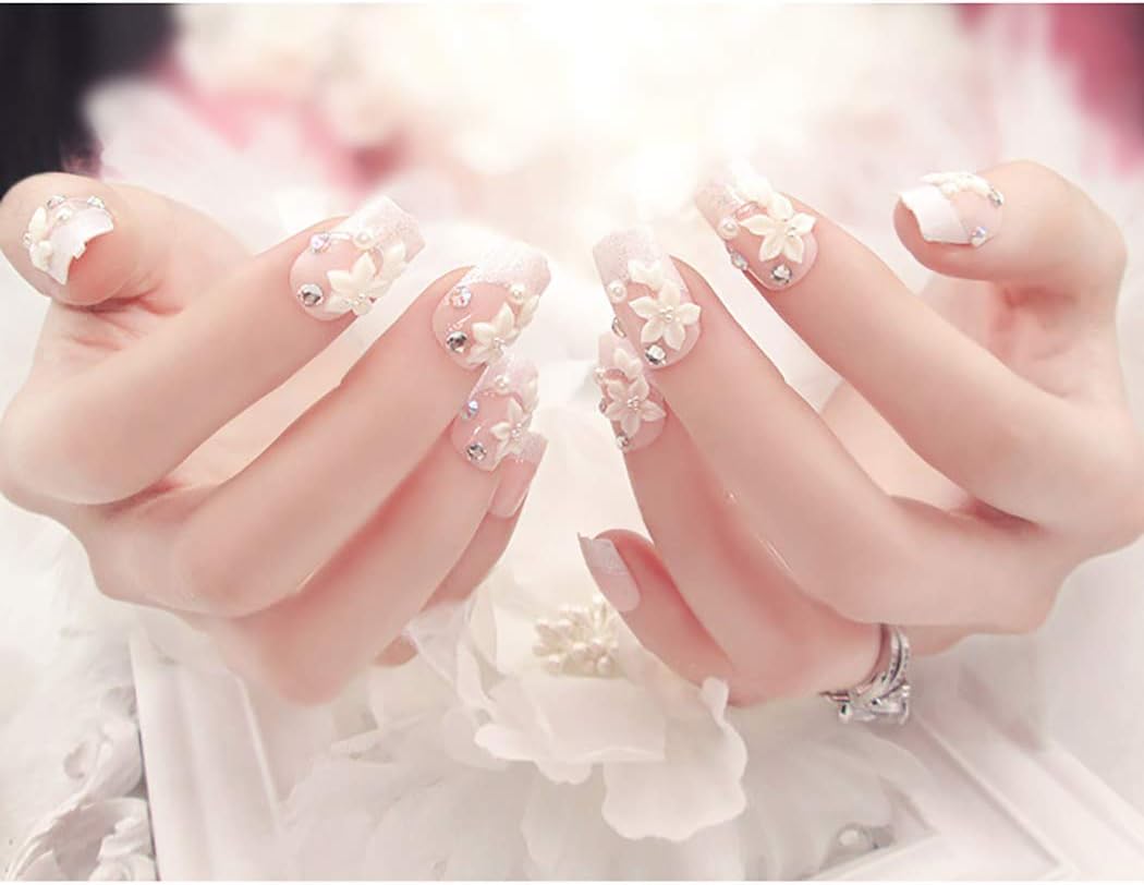 Ushiny 24pcs False Nails Bridal False Nails Flower Art Design Artificial Fake Nail Full Cover Wedding Fake Nails for Women and Girls (White)
