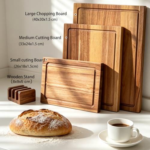 Bierofaro Acacia Wooden Chopping Boards with holder,Cutting Board Set of 3 for Kitchen,Reversible Meat Cutting Board Set with Handle,Butcher Block Wooden Trays for Meat,Fruit Vegetable and Cheese