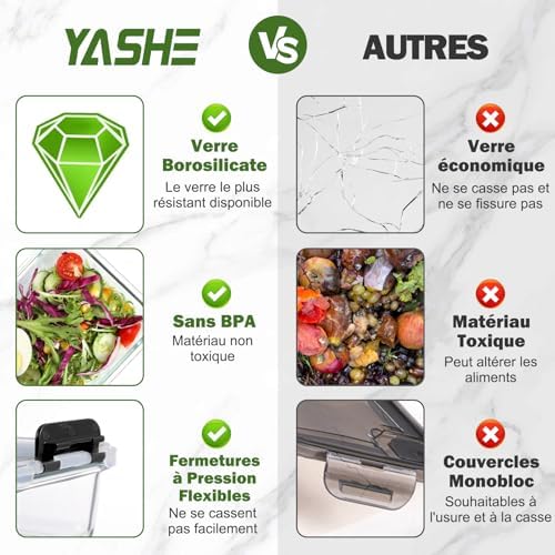Lot de 5 récipients en verre avec couvercles, 1040 ml, épais et durables, empilables, hermétiques, sans BPA, pour micro-ondes, four, congélateur et lave-vaisselle, Noir