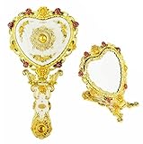 Ivenf Heart Shape Royal Vintage Princess Mirror, Hand-Painted Metal Handheld Mirror, Golden