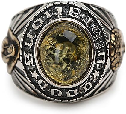 Classic Antique Vintage Yellow Amber Gemstone Solid 925 Sterling Silver and Copper Biker Fashion Daily Wear Ring Set for Men