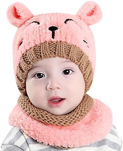 Newborn Kids Baby Boy Girl Cartoon Hat,Tiean Cute Smiling Tiger Pattern Warm Knit Crochet Beanie Cap Scarf Set (Pink)
