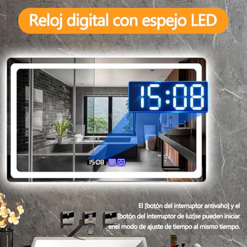 Espejo para Baño con luz LED,Espejo de 40x60cm,para tocador(Square 40*60cm) | Iluminación ajustable de 3 colores, eliminación de niebla, visualización de temperatura de tiempo.