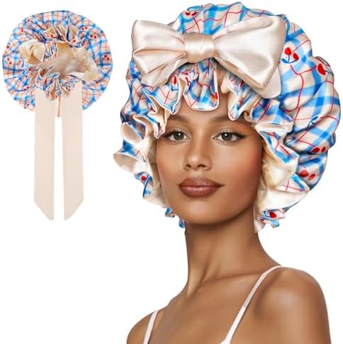 Pleated Silk Sleep Cap with Eye Mask Double-Layer Satin Hair Bonnet for Curly Ha Silk Satin Bonnet for Women - Extra Large Reversible  main image 4